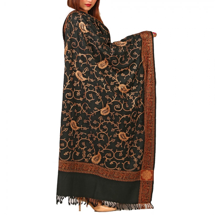 Black Full Embriored Kashmiri 4 Border Shawl For Her SHL-147-24