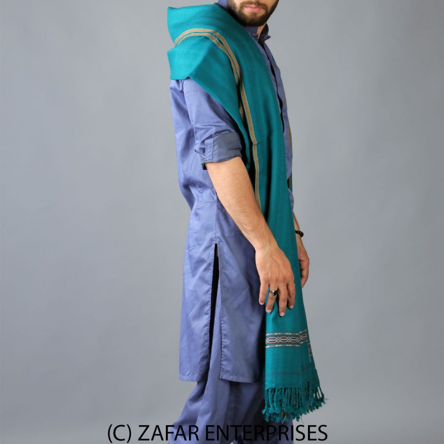 Turquoise Pure Acro-Woolen Dhussa Shawl For Man SHL-030-28