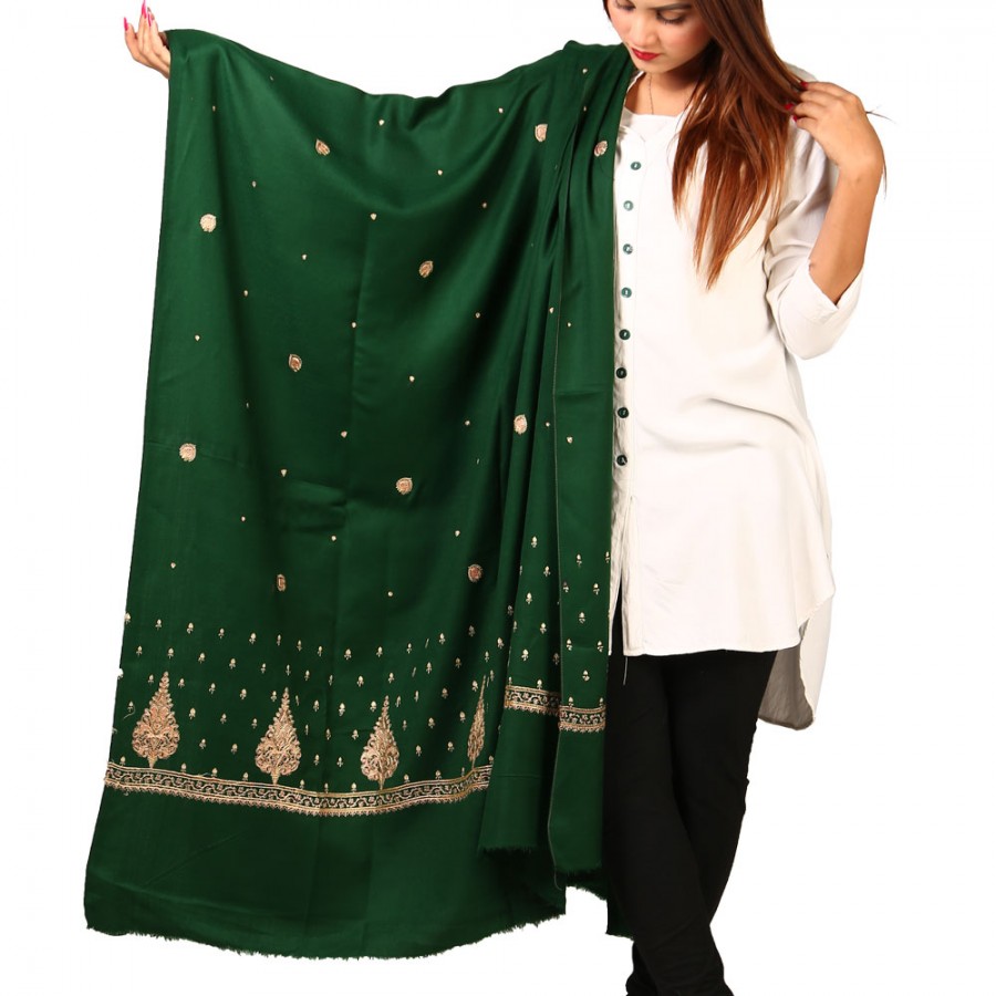 Green Pan Palla Embroidered Shawl For Women SHL-170-14