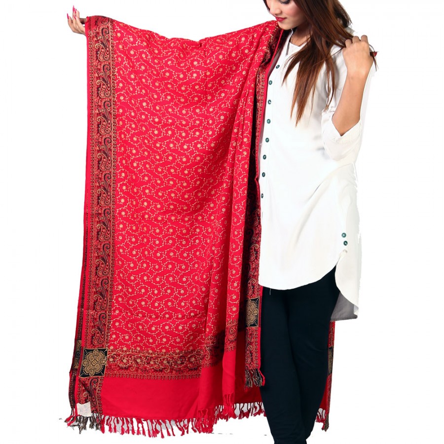 Acrowoolen Red Embroidered Color Kashmiri 4 Border Shawl SHL-147-26