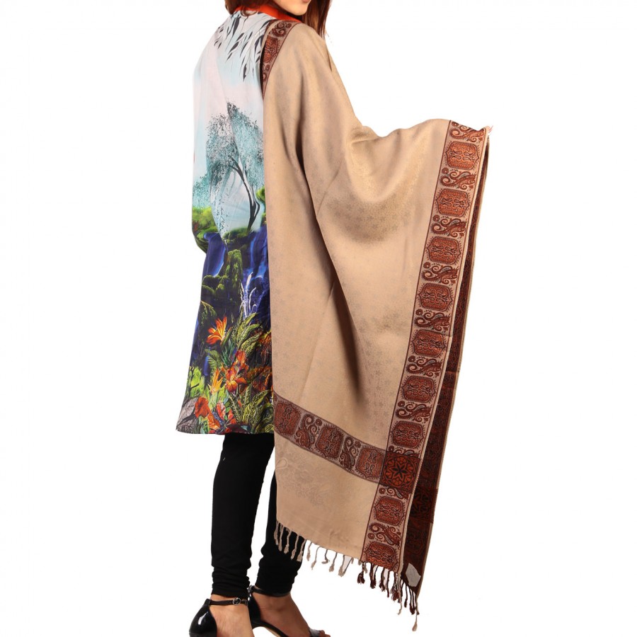 Khaki 4 Border Kashmiri Acro wool Stole / Muffler For Women MFL-147-10