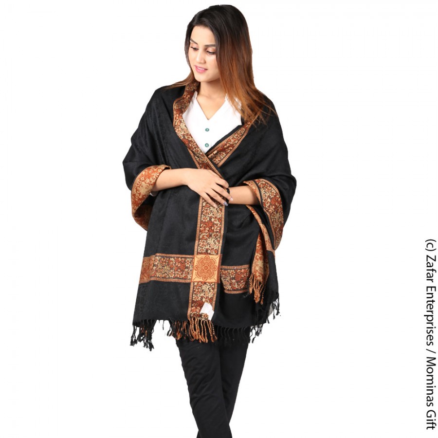 Black 4 Border Kashmiri Acro wool Stole / Muffler For Women MFL-147-1