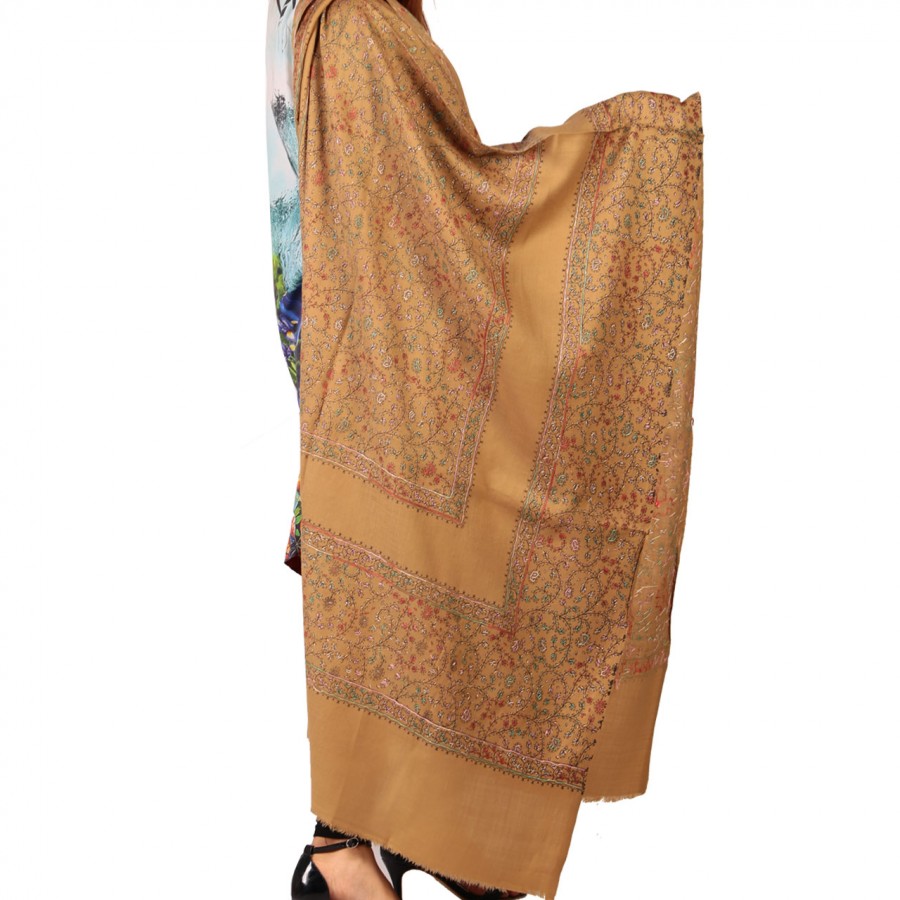 Brown Full Kashmiri Block Print & Handwork 4 Border Jaal Shawl SHL-210-6