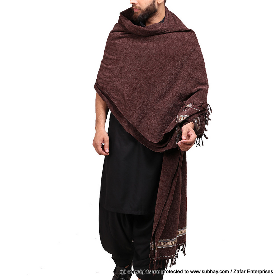 Pure Velvet Deep Brown Dhussa / Khamdar Shawl SHL-150-2 By Khan Culture