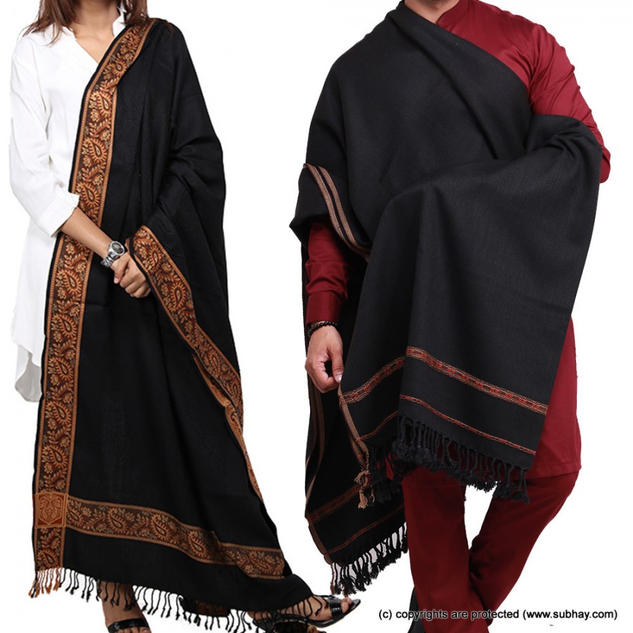Couple Shawls Black Kashmiri 4 Border Pure Acro-Woolen Dhussa Shawls SHL-030-18