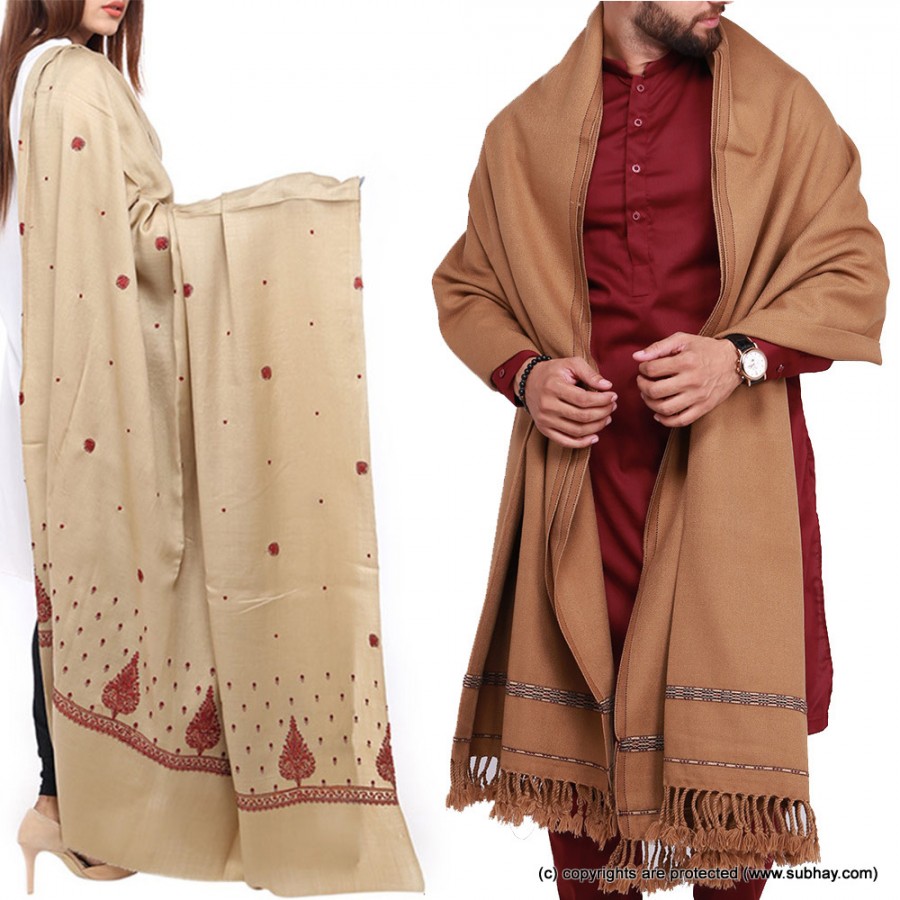 Couple Shawls Badami Pan Patti Plain & Pure Acro-Woolen Dhussa Shawls SHL-030-20