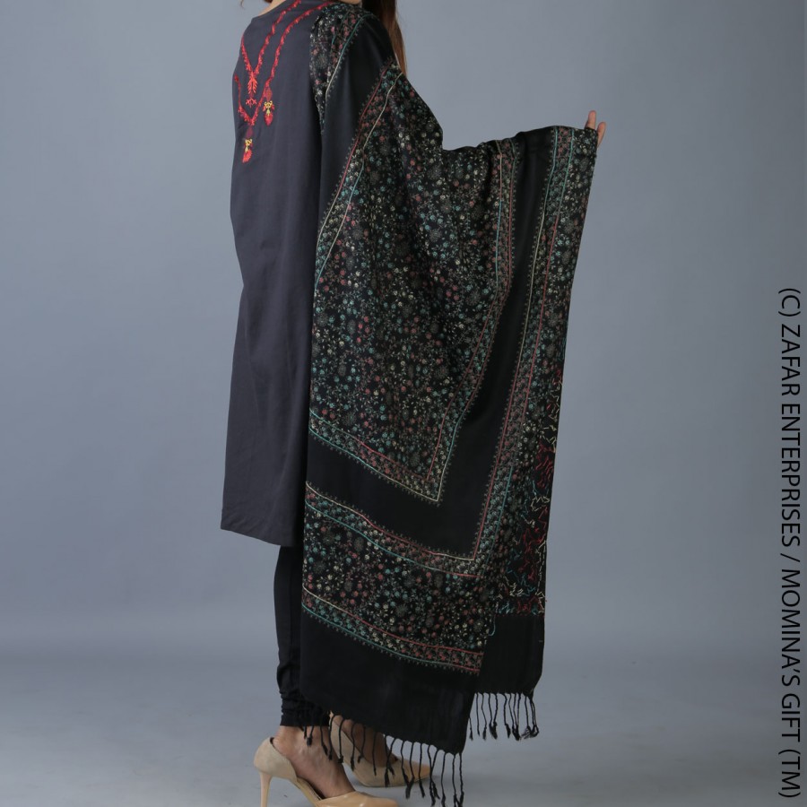 Black Kashmiri Block Print Work Palla Stole / Muffler For Her SHL-210-14