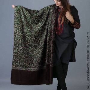 Black Full Kashmiri Block Print & Handwork Jaal Shawl For Women SHL-211-1