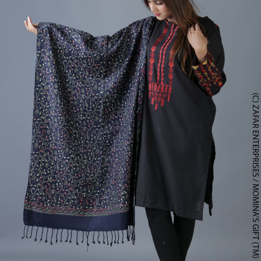 Navy Blue Kashmiri Block Print Work Palla Stole / Muffler For Her SHL-210-15