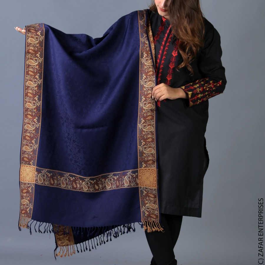 Navy Blue 4 Border Kashmiri Acro wool Stole / Muffler For Women MFL-147-7