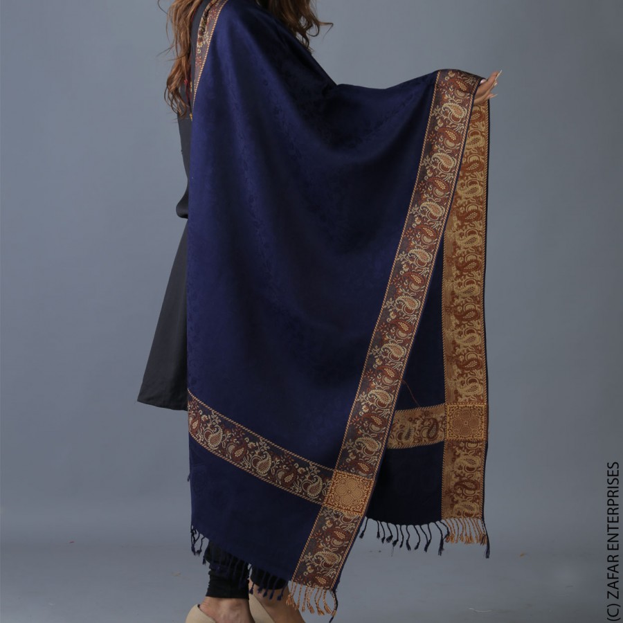 Navy Blue 4 Border Kashmiri Acro wool Stole / Muffler For Women MFL-147-7