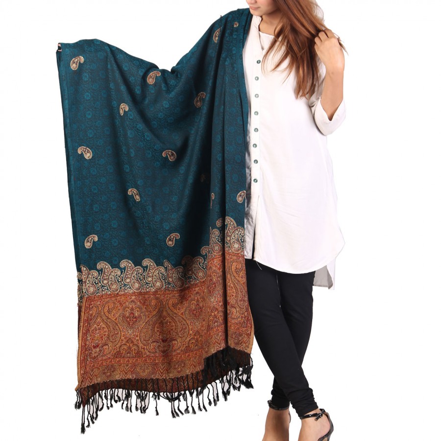 Ferozi Color Kashmiri Jaal Kani Palla Shawl For Her SHL-213-3