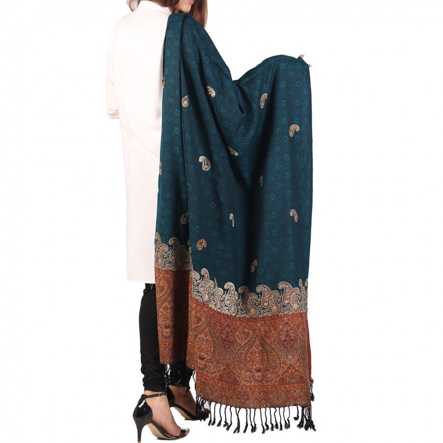 Ferozi Color Kashmiri Jaal Kani Palla Shawl For Her SHL-213-3