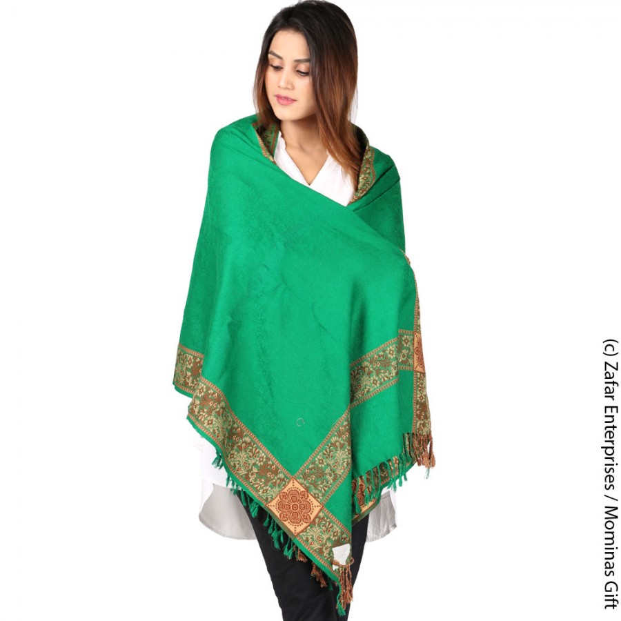 Green 4 Border Kashmiri Acro wool Stole / Muffler For Women MFL-147-3