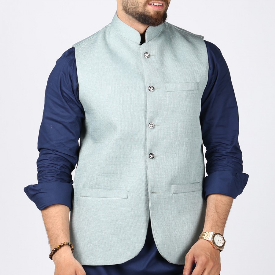 Sky Blue Jute Suiting Waist Coat For Him KK-56