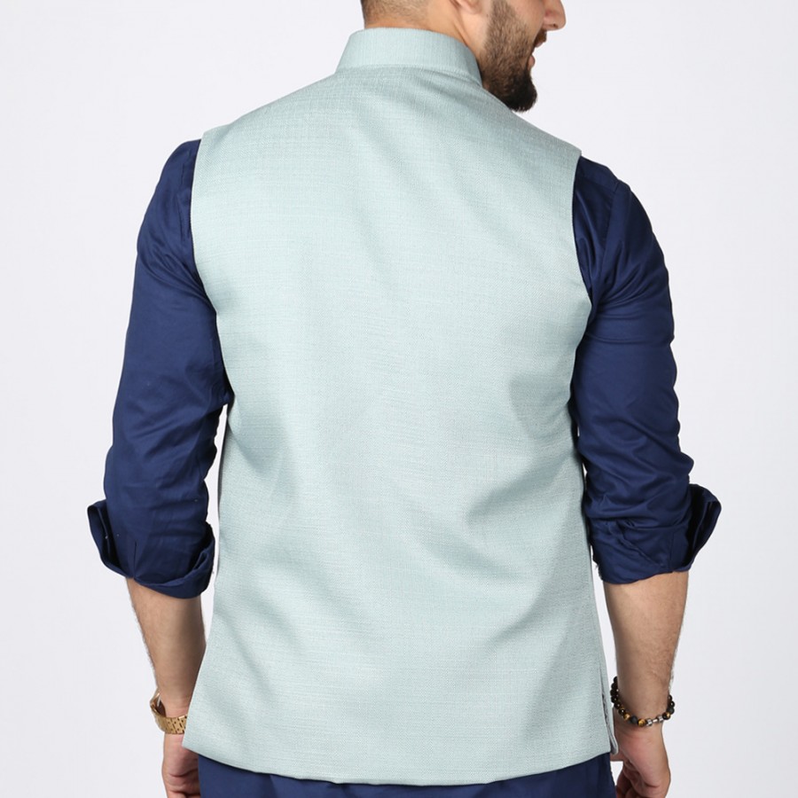 Sky Blue Jute Suiting Waist Coat For Him KK-56