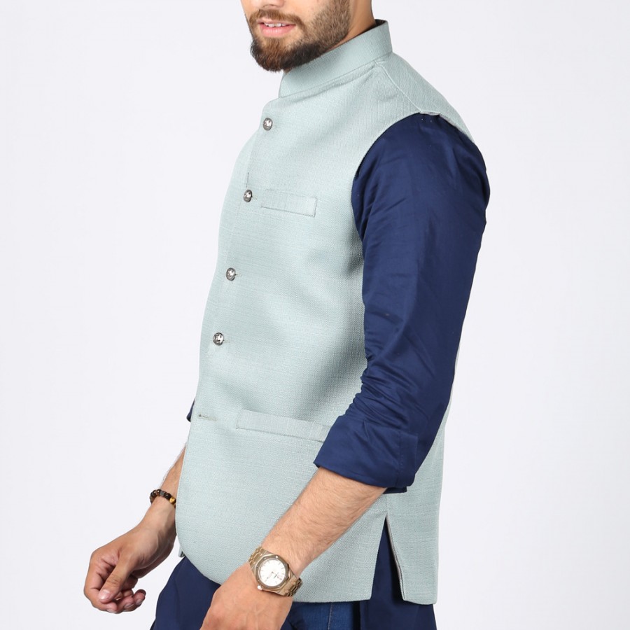 Sky Blue Jute Suiting Waist Coat For Him KK-56