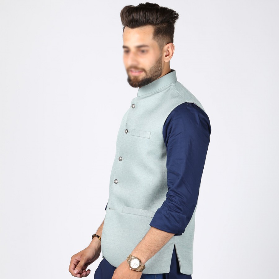 Sky Blue Jute Suiting Waist Coat For Him KK-56