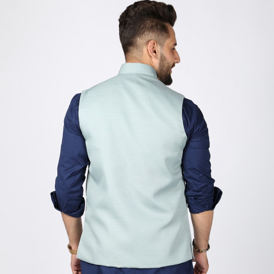 Sky Blue Jute Suiting Waist Coat For Him KK-56