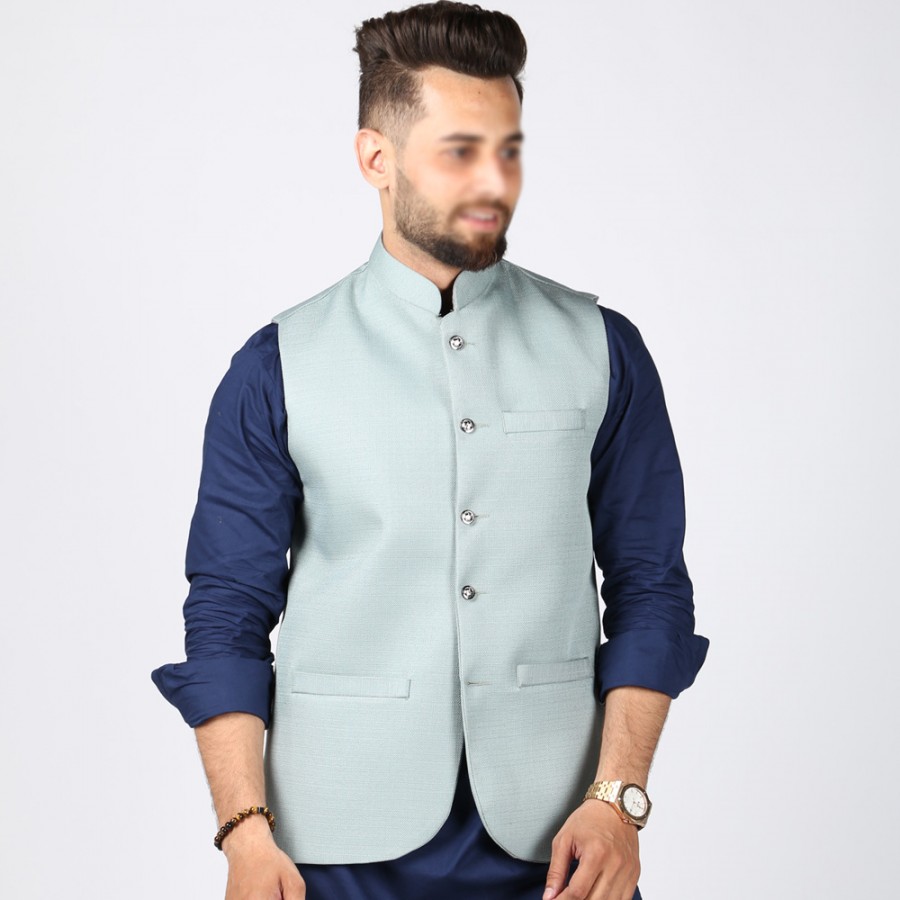 Sky Blue Jute Suiting Waist Coat For Him KK-56