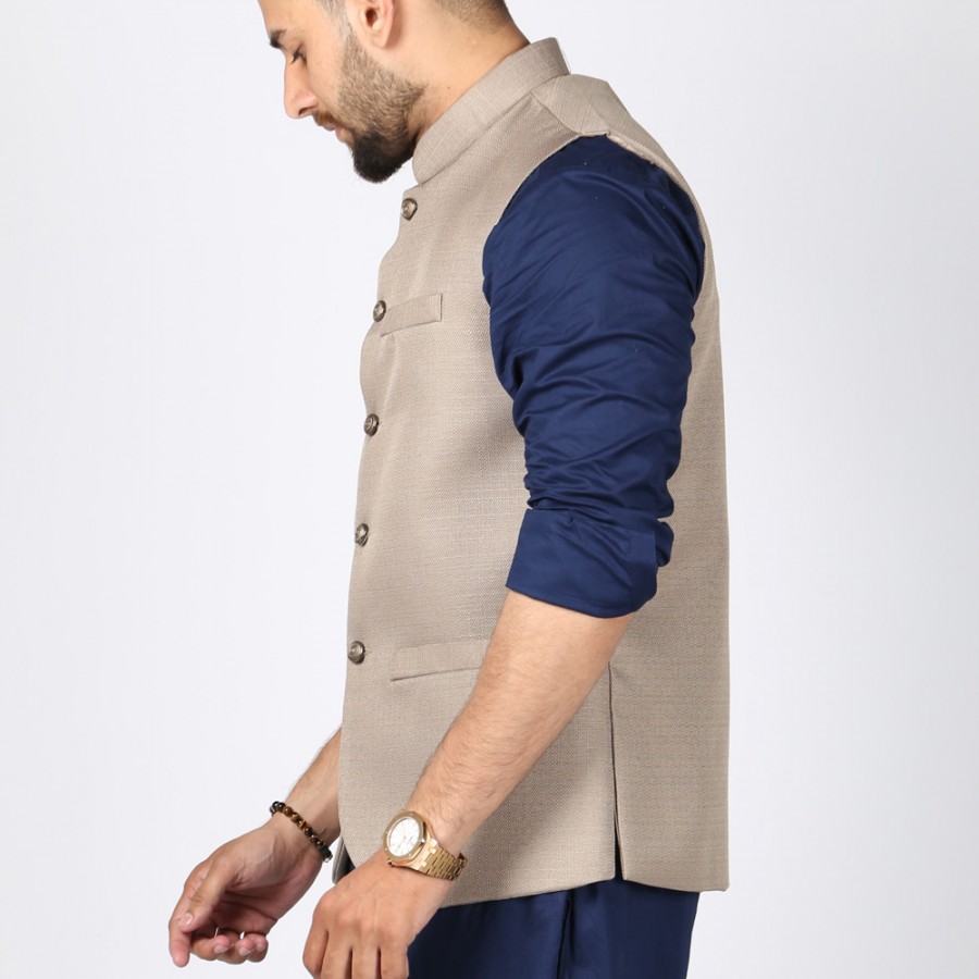 Khaki Jute Suiting Waist Coat For Him KK-55