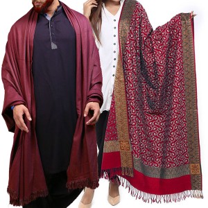 Couple Shawls Maroon 4 Border Embroidered & Mix Woolen Lohi Shawl Shawls SHL-066-12 Couple Shawls Maroon 4 Border Embroidered & Mix Woolen Lohi Shawl Shawls SHL-066-12