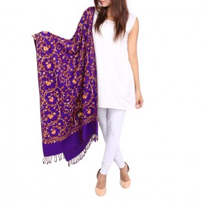 Purple Acrowool Kashmiri / Water Pashmina Embroidered Aari Stole / Muffler MFL-155-5