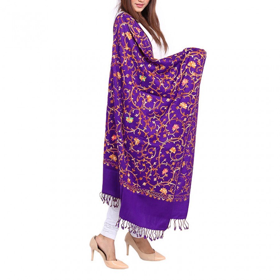 Purple Acrowool Kashmiri / Water Pashmina Embroidered Aari Stole / Muffler MFL-155-5