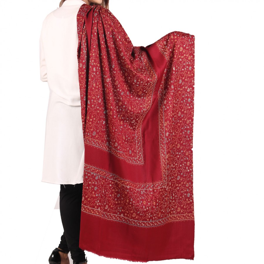 Maroon Full Kashmiri Block Print & Handwork 4 Border Jaal Shawl SHL-210-3