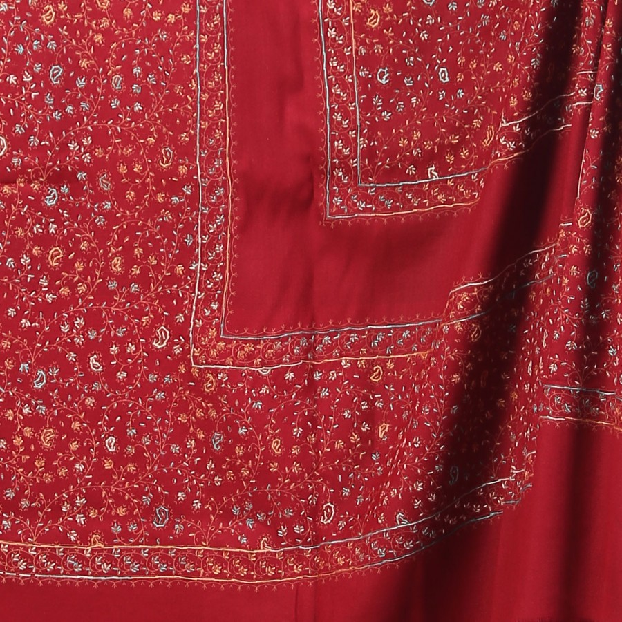 Maroon Full Kashmiri Block Print & Handwork 4 Border Jaal Shawl SHL-210-3