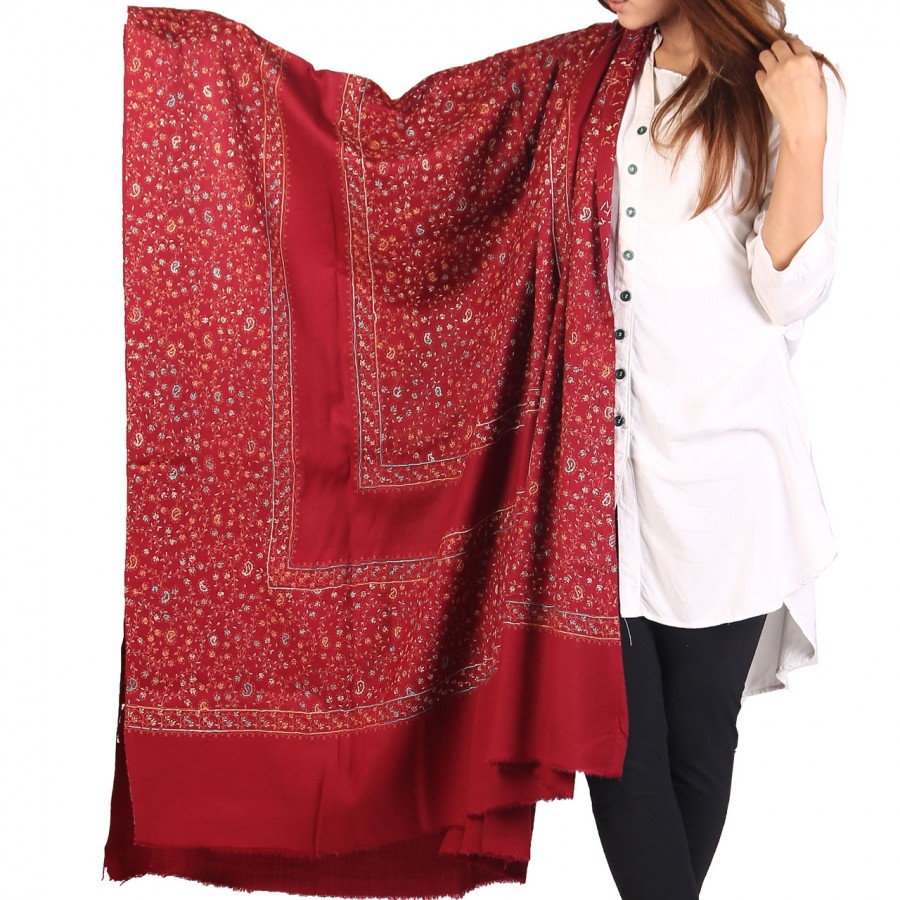 Maroon Full Kashmiri Block Print & Handwork 4 Border Jaal Shawl SHL-210-3