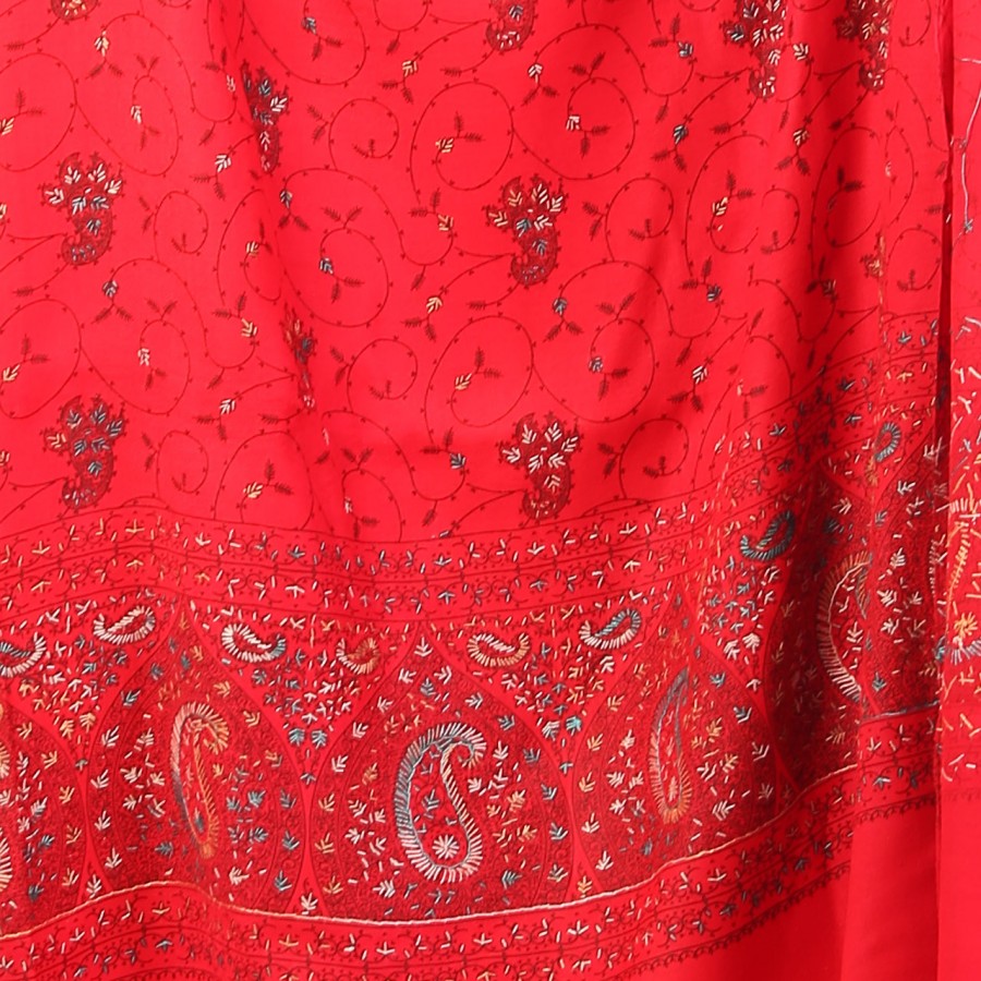 Red Full Kashmiri Block Print & Handwork Jaal Shawl For Women SHL-211-3