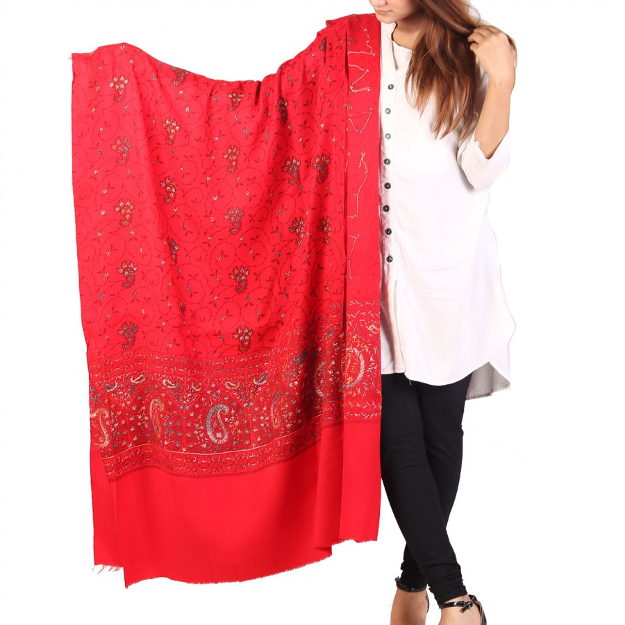 Red Full Kashmiri Block Print & Handwork Jaal Shawl For Women SHL-211-3