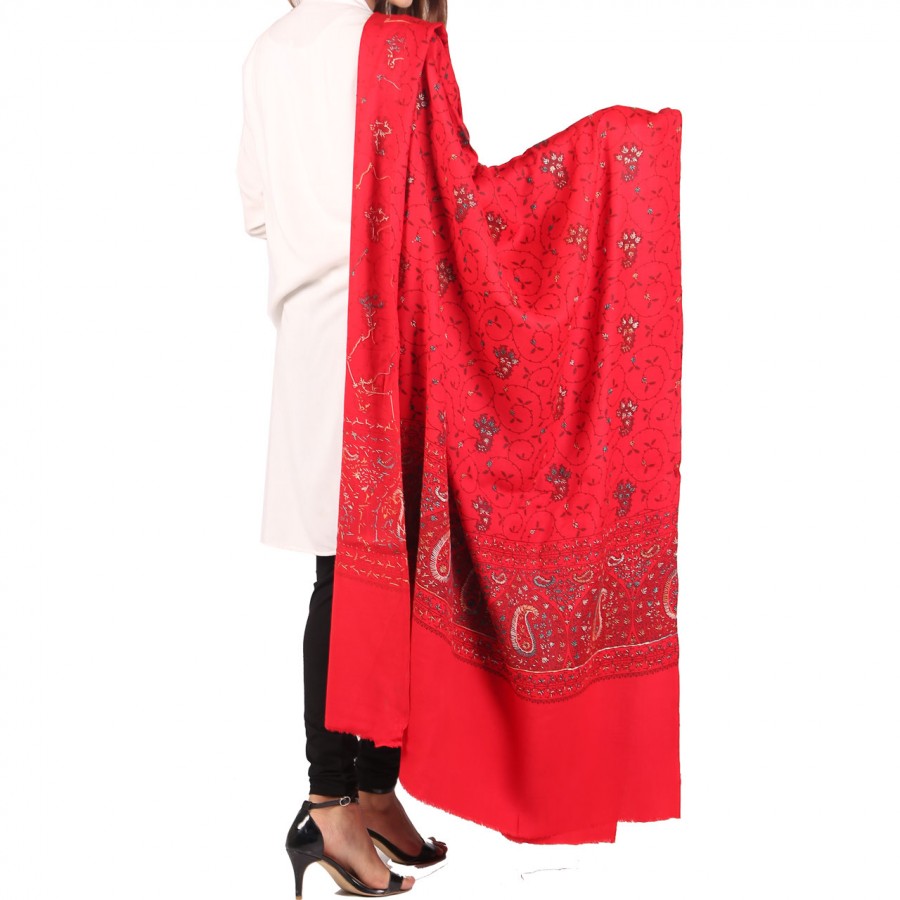 Red Full Kashmiri Block Print & Handwork Jaal Shawl For Women SHL-211-3