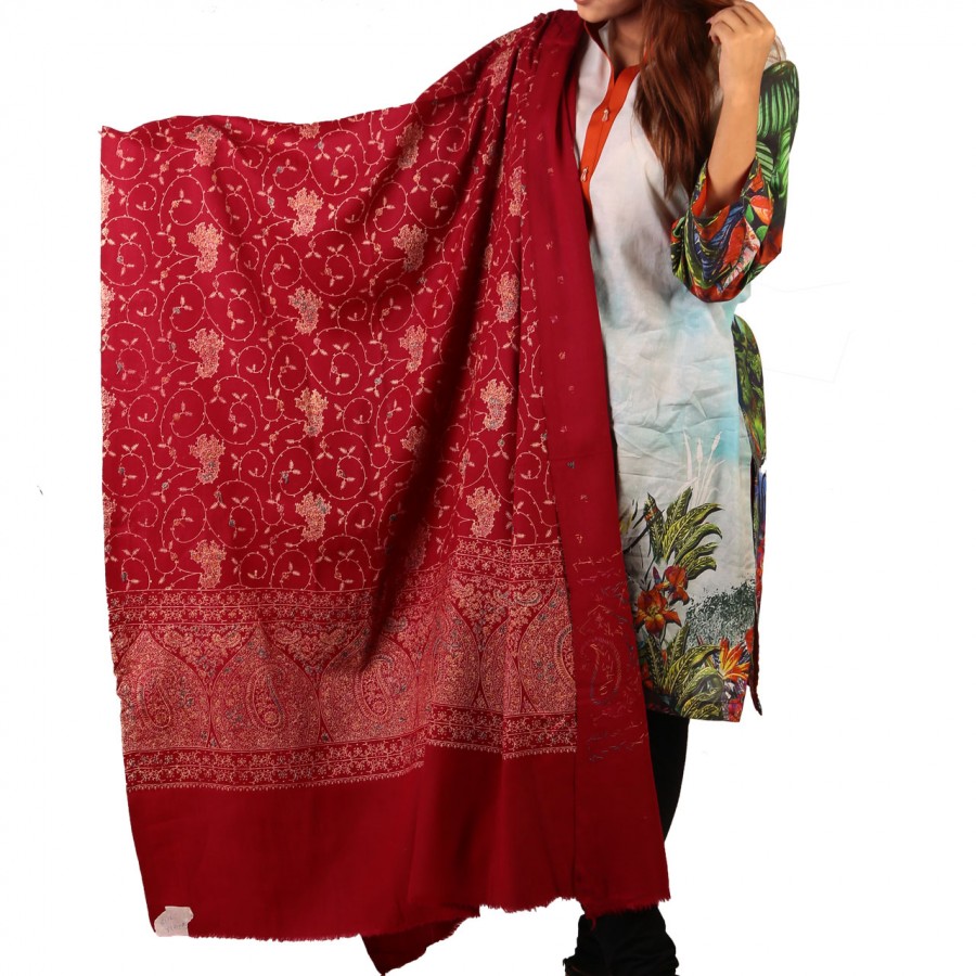 Maroon Full Kashmiri Block Print & Handwork Jaal Shawl For Women SHL-211-7