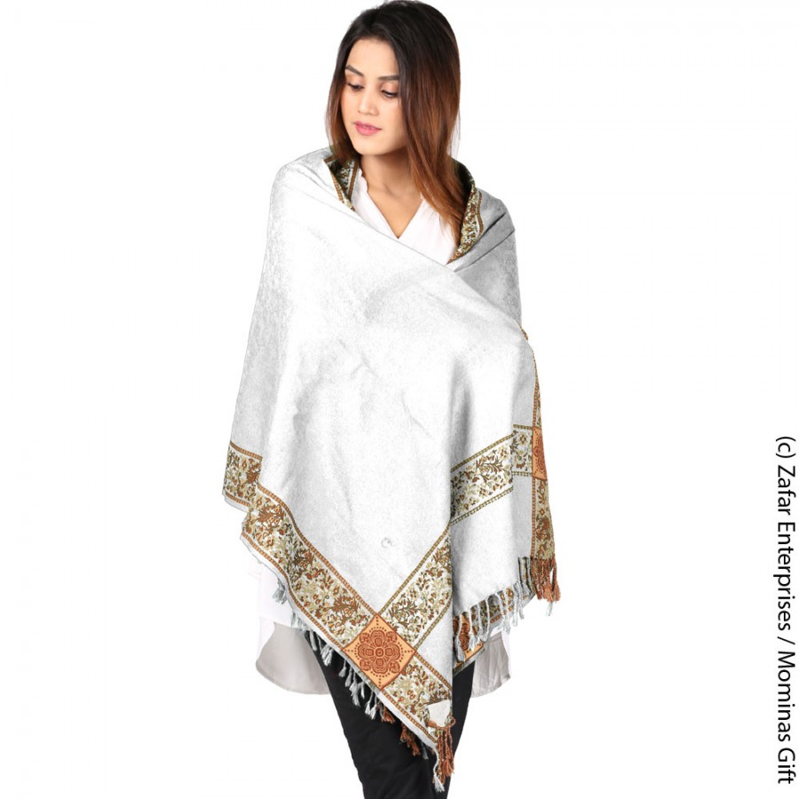 White 4 Border Kashmiri Acro wool Stole / Muffler For Women MFL-147-2