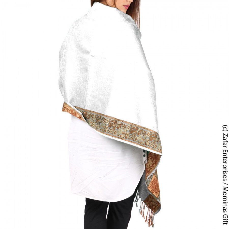 White 4 Border Kashmiri Acro wool Stole / Muffler For Women MFL-147-2