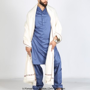 Off White Pure Woolen Handmade Peshawari & Kashmiri Fusion Dhussa Shawl SHL-119