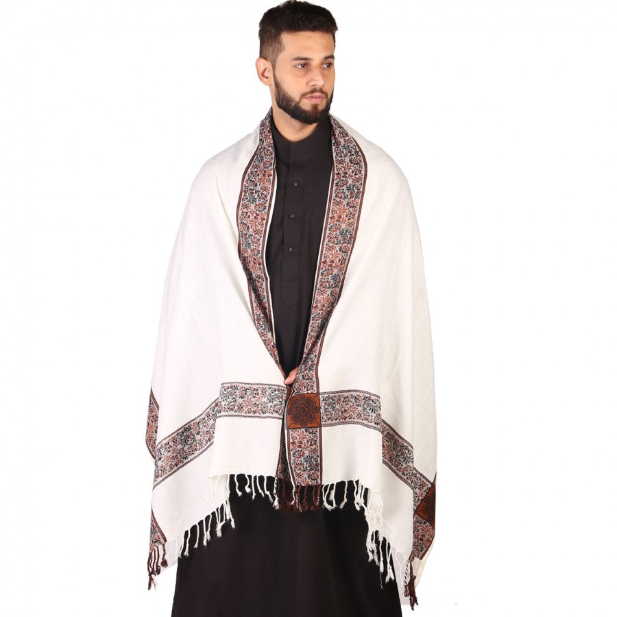 White 4 Border Karbala Style Mufler Shawl SHL-192-2