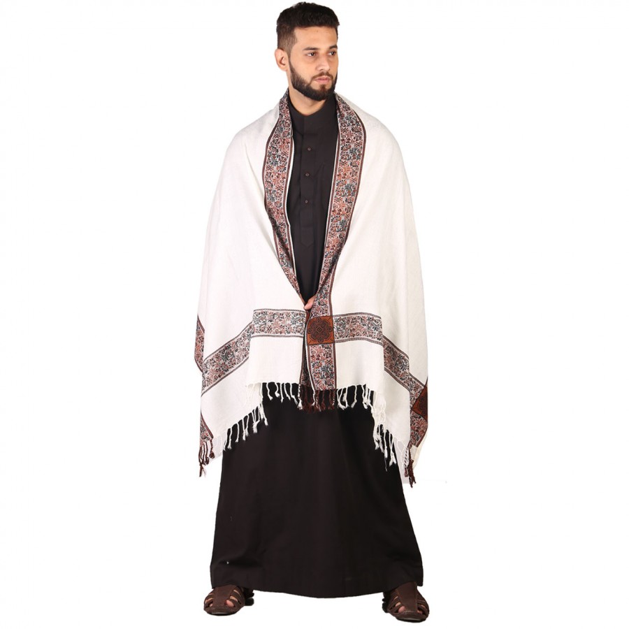 White 4 Border Karbala Style Mufler Shawl SHL-192-2