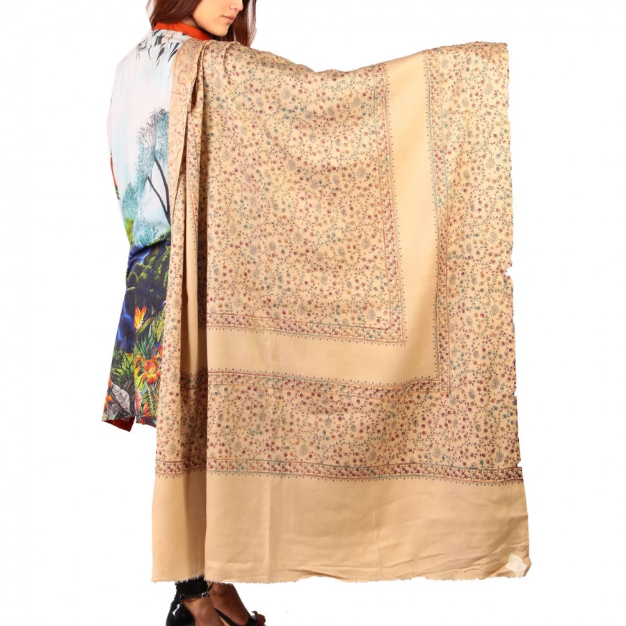 Badami Full Kashmiri Block Print & Handwork 4 Border Jaal Shawl SHL-210-4