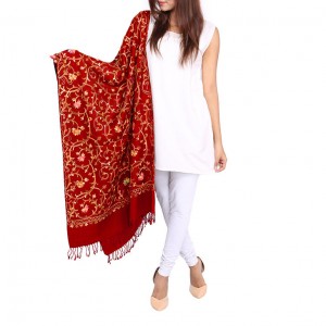 Red Acrowool Kashmiri / Water Pashmina Embroidered Aari Stole / Muffler MFL-155-6