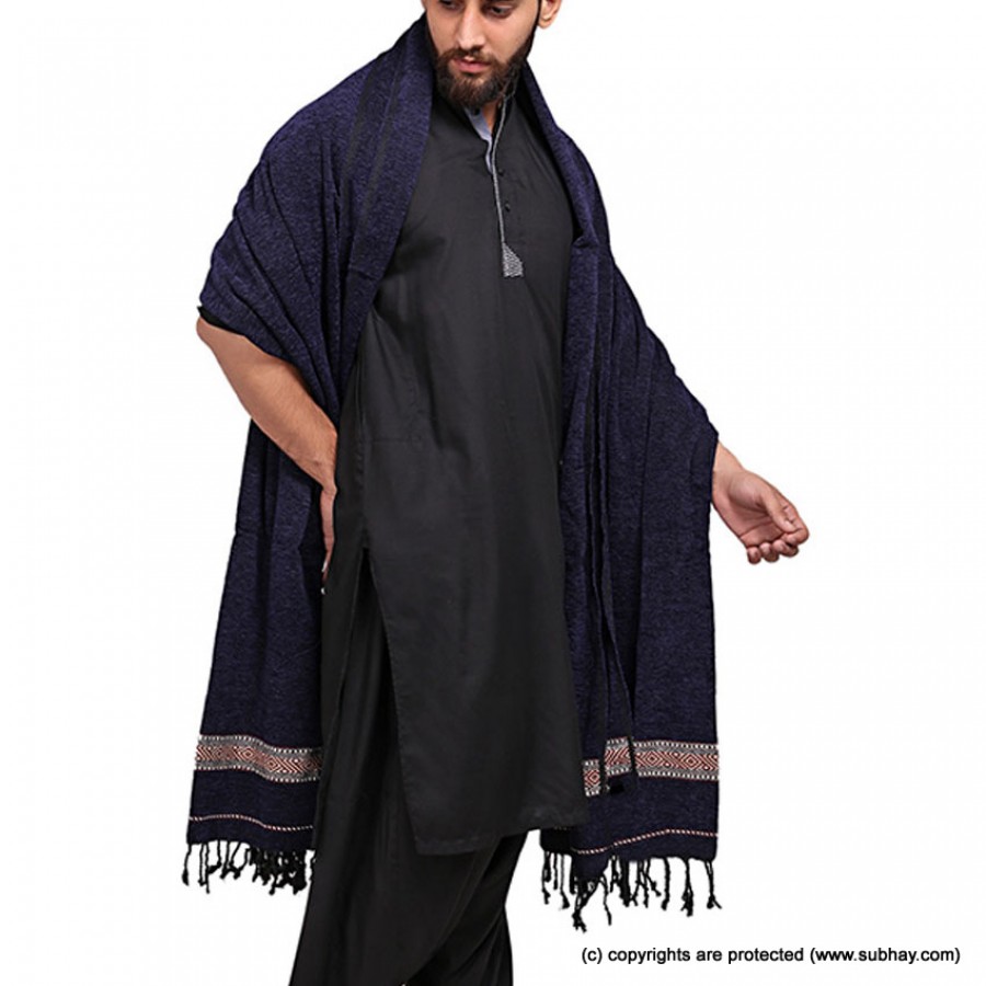 Pure Velvet Navy Blue Dhussa / Khamdar Shawl SHL-150-8 By Khan Culture