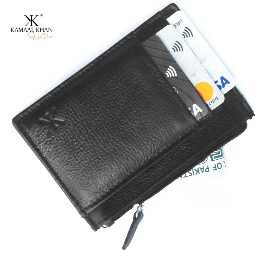 Black Genuine Mild Leather Men's Zipper Purse Wallet For Men | No Fold Simple Wallet Clasp