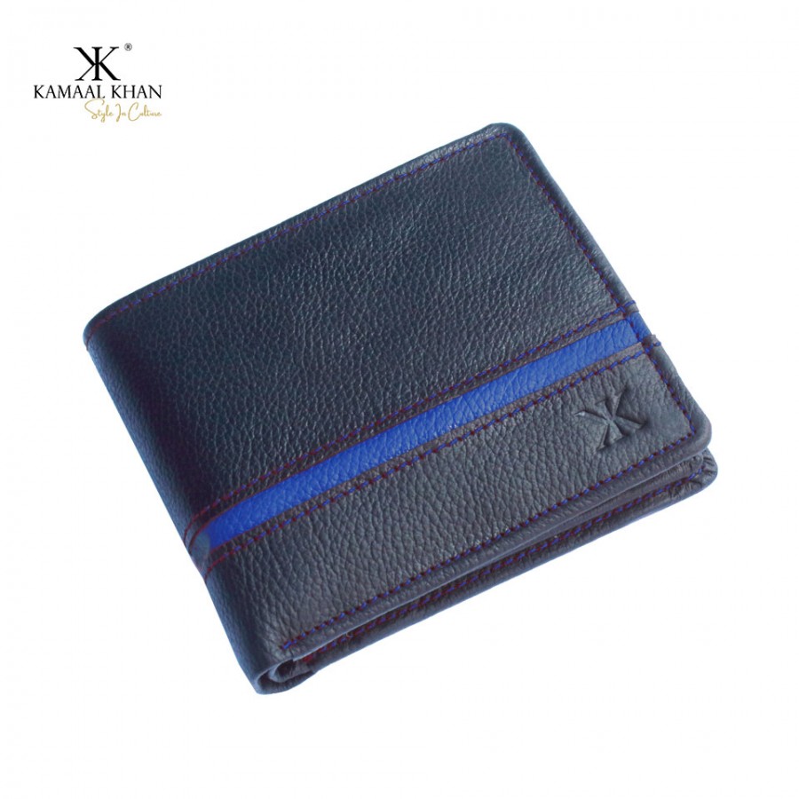 Genuine Mild Leather Two-Tone Men's Wallet | Zipper Coin Purse Wallet For Men Tri-fold Clasp (Black & Blue)