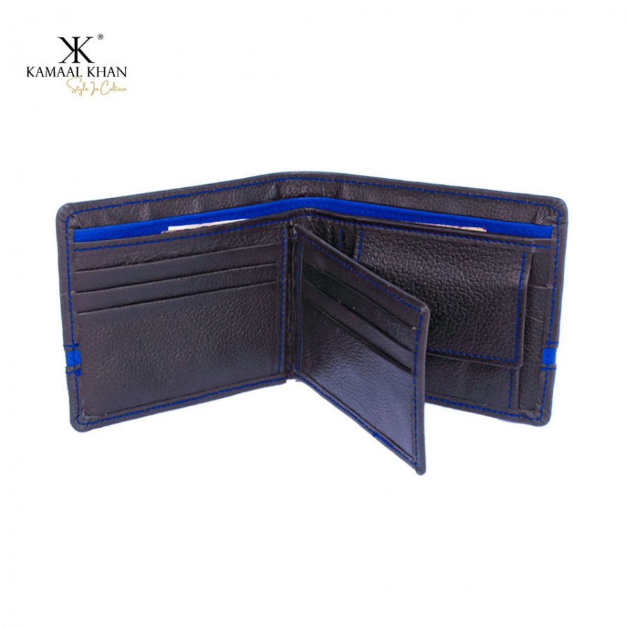 Genuine Mild Leather Two-Tone Men's Wallet | Zipper Coin Purse Wallet For Men Tri-fold Clasp (Black & Blue)