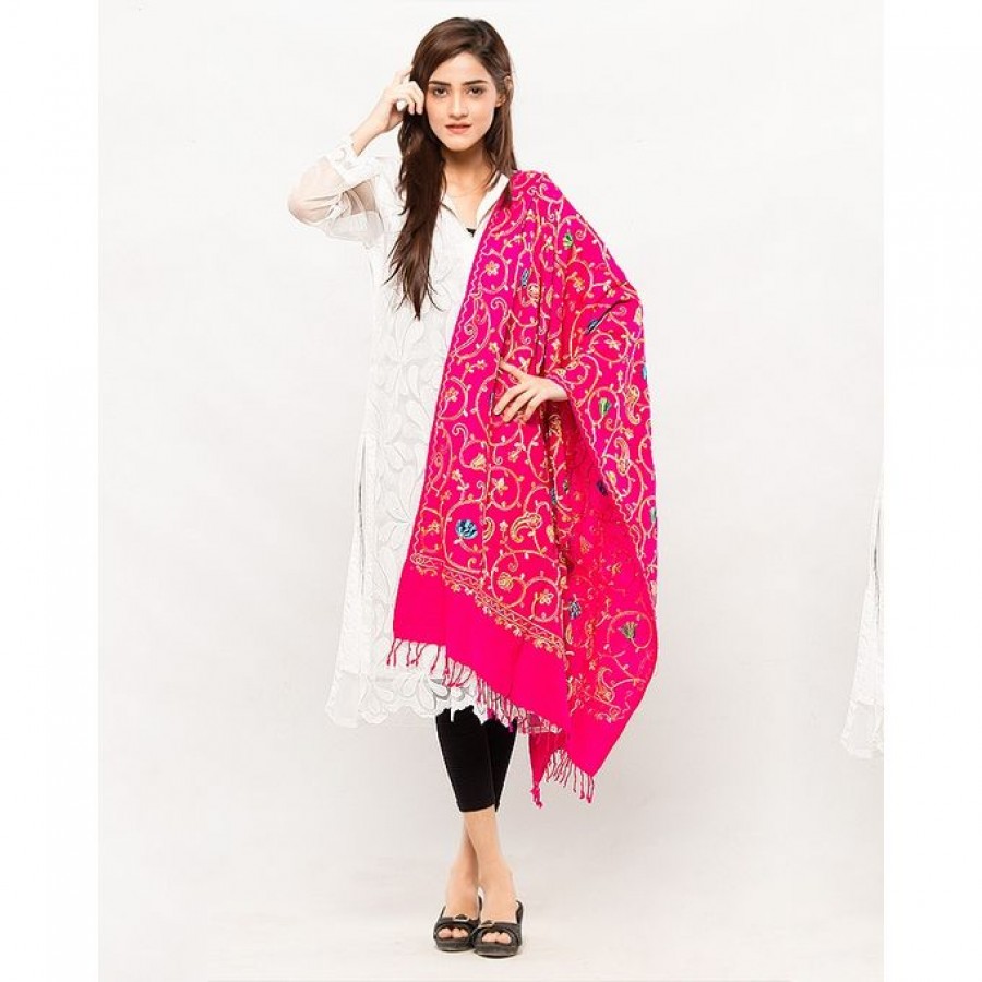 Pink Acrowool Kashmiri / Water Pashmina Embroidered Aari Shawl SHL-136