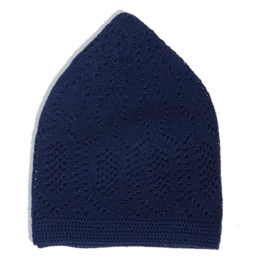 NAVY BLUE MACHINE KNIT OPEN-WORK TURKISH KUFI / TOPI / TAKKE / CAP