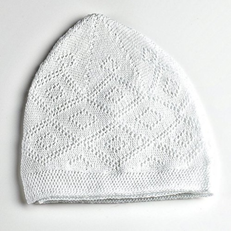 WHITE MACHINE KNIT OPEN-WORK TURKISH KUFI / TOPI / TAKKE / CAP